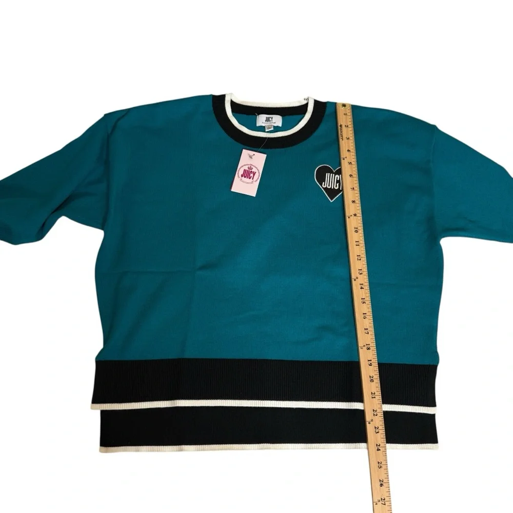 Juicy Couture Crew Neck Long Sleeve Pullover Heart Sweater Teal Womens Large New